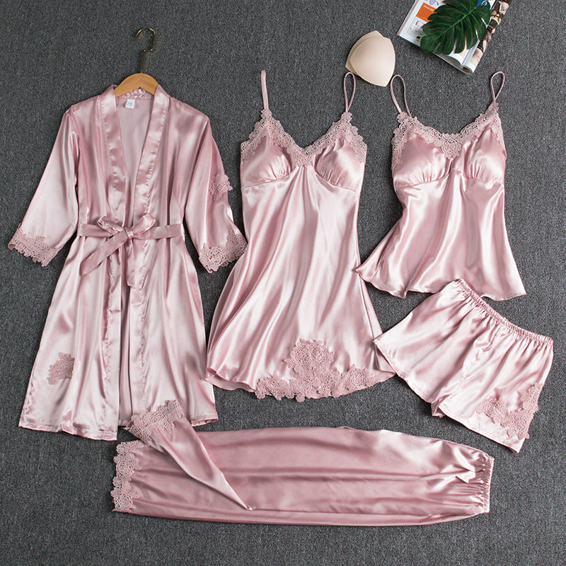 Women's Ice Silk Pajama Set Five-piece Home Clothes