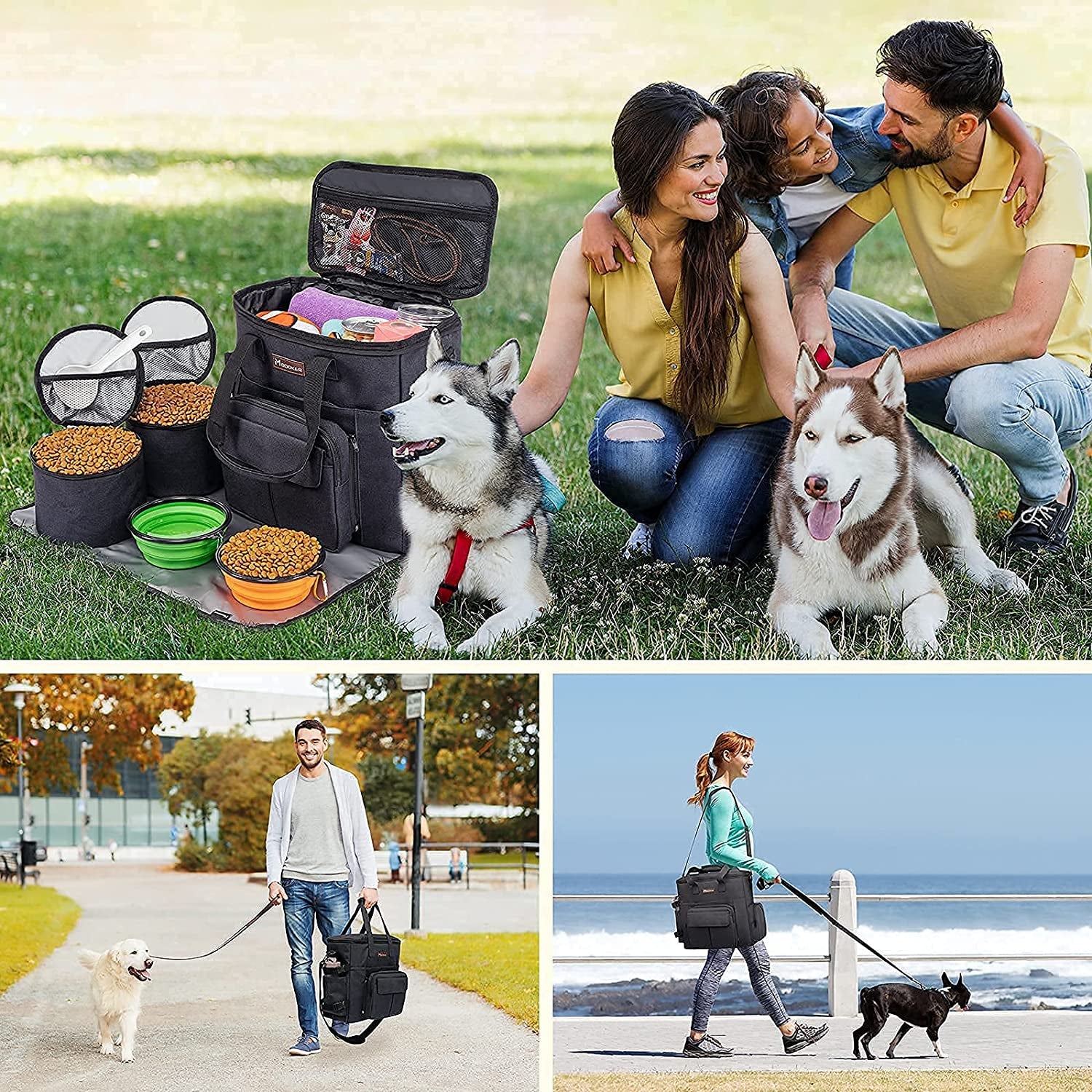 Professional Dog Travel Bag with Collapsible Bowls, Backpack, Airline-Approved Organizer, and Travel Food Containers - Black