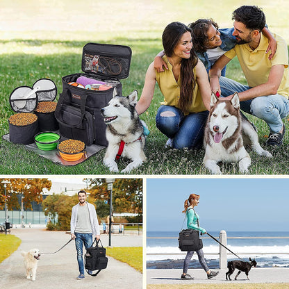 Professional Dog Travel Bag with Collapsible Bowls, Backpack, Airline-Approved Organizer, and Travel Food Containers - Black