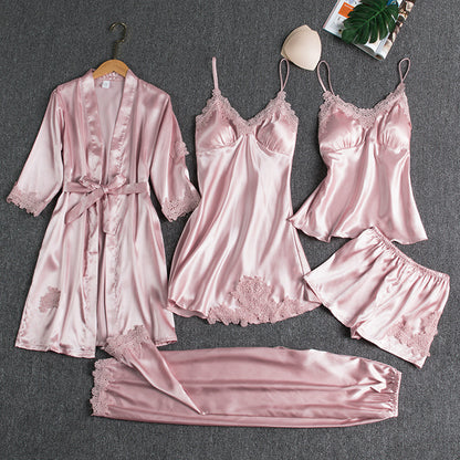 Women's Ice Silk Pajama Set Five-piece Home Clothes