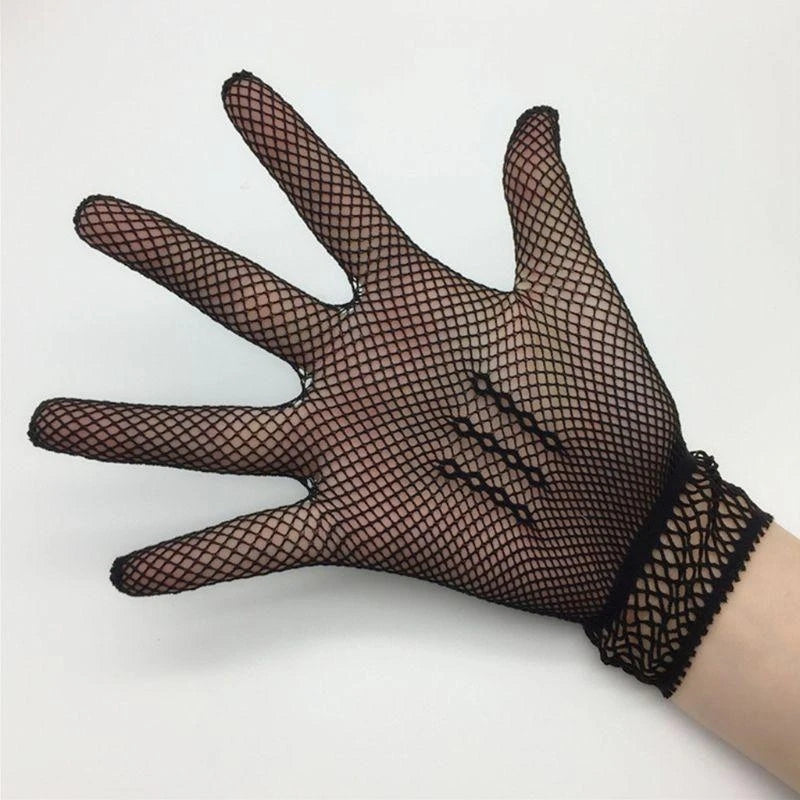 652F Women Girls Summer UV-Proof Mesh Net Gloves Solid Color Full Finger Mittens for Wedding 80s Retro Party