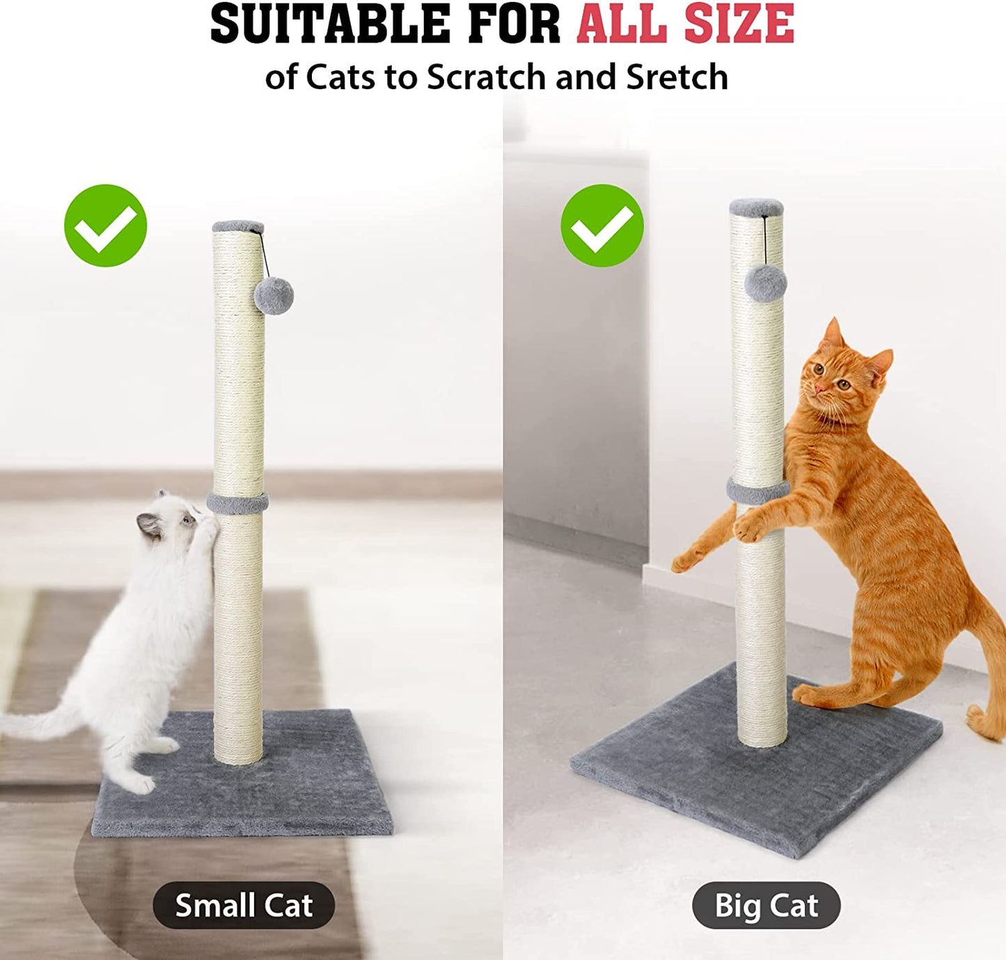 31-Inch Tall Cat Scratching Post with Hanging Ball - Durable Indoor Scratcher for Large Cats - Stable Cat Furniture with Sisal Rope - Grey