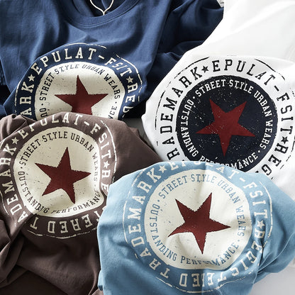 2025 Summer New American Retro Short Sleeve O-neck Pentagram Printed T-shirt Men's Fashion 100% Cotton Washed Casual Youth Tops