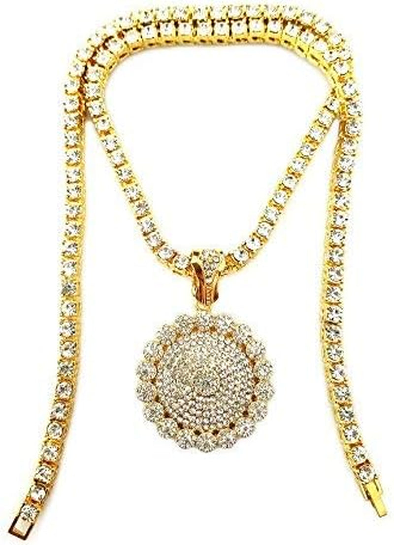 14K Gold Silver Plated Hip Ho Rapper Pendant Chain Necklace for Men, Iced Out Diamond King Pendant with Rope Tennis Chains 22 Inch