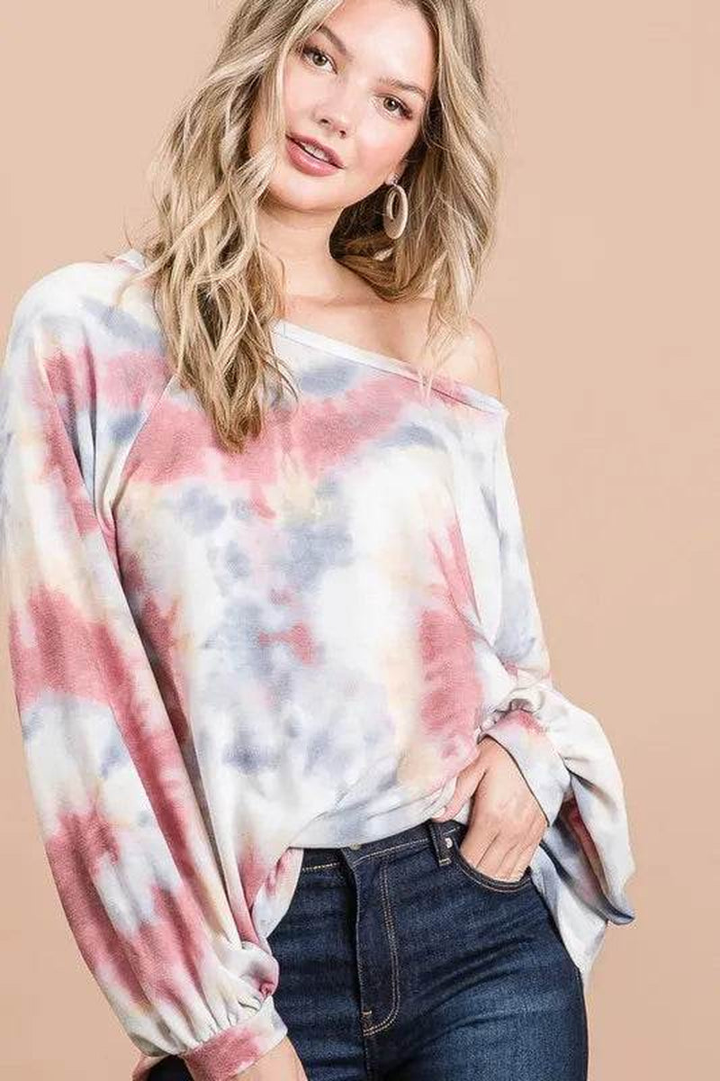 Bibi Tie Dye Print Terry Top with Puff Sleeves