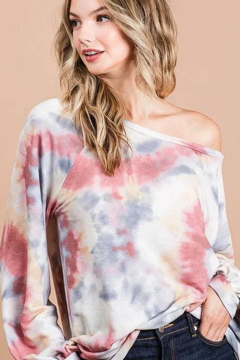 Bibi Tie Dye Print Terry Top with Puff Sleeves