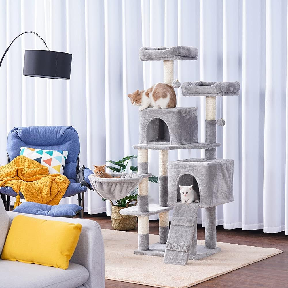 58-Inch Multi-Level Cat Tree with Sisal-Covered Scratching Posts, Two Plush Condos, and Hammock for Cats and Kittens - Light Gray MPJ013W