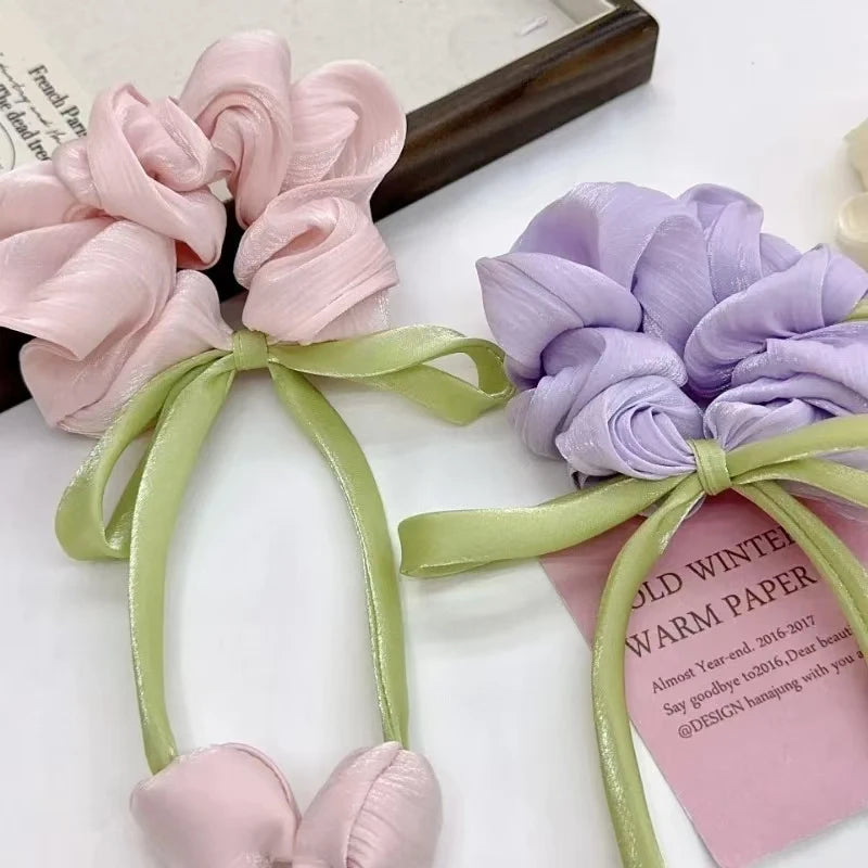 Cuerda para el pelo de tulipán rosa para niña, diadema atada a mano, lazo, borlas de flores, accesorios para el cabello, dulce,