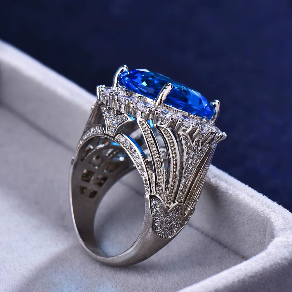 Luxury Female Big Blue Stone Ring Silver Color Wedding Rings for Women 2019 New Year Fashion Engagement Ring Jewelry Gifts