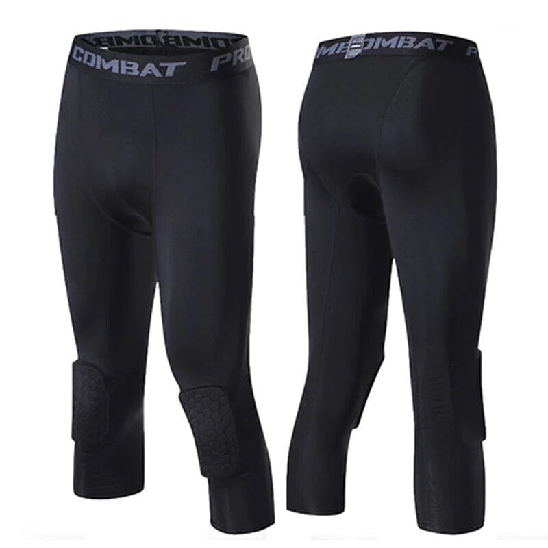 Men'S Basketball Sports Tight Pants 3/4 Compression Workout Leggings Knee Pads