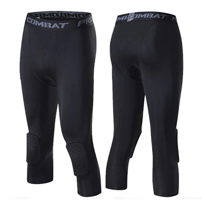 Men'S Basketball Sports Tight Pants 3/4 Compression Workout Leggings Knee Pads
