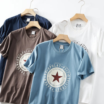 2025 Summer New American Retro Short Sleeve O-neck Pentagram Printed T-shirt Men's Fashion 100% Cotton Washed Casual Youth Tops