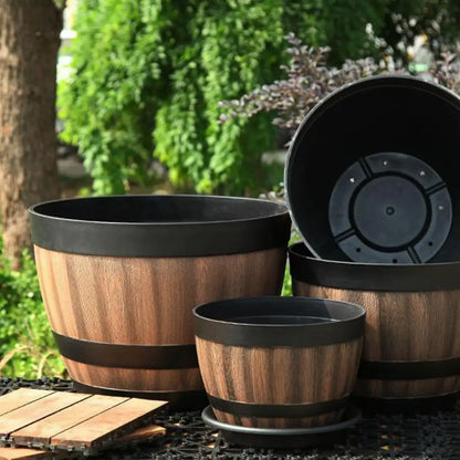 Flowerpot Imitation Barrel Resin Flowerpot Creative Plastic Whiskey Barrel Shape Large Green Planting Pot Flowerpot Home Decor