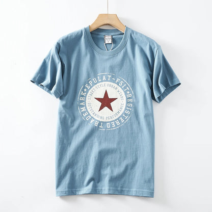 2025 Summer New American Retro Short Sleeve O-neck Pentagram Printed T-shirt Men's Fashion 100% Cotton Washed Casual Youth Tops