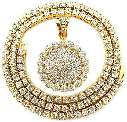 14K Gold Silver Plated Hip Ho Rapper Pendant Chain Necklace for Men, Iced Out Diamond King Pendant with Rope Tennis Chains 22 Inch