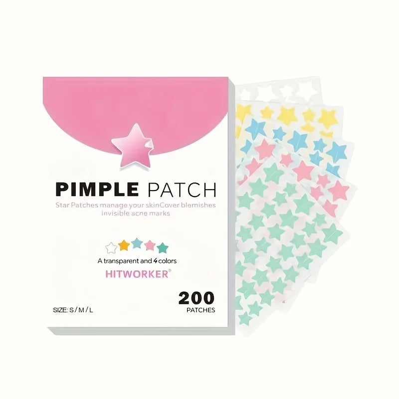 200pcs Multicolor Star Acne Patches - Mixed Color Cute Invisible Blemish Cover Stickers, Pink Box