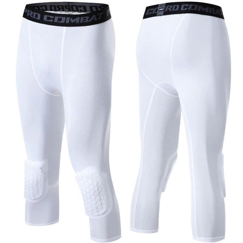 Men'S Basketball Sports Tight Pants 3/4 Compression Workout Leggings Knee Pads