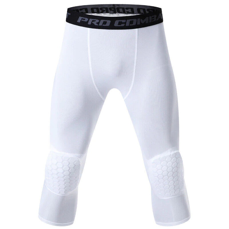 Men'S Basketball Sports Tight Pants 3/4 Compression Workout Leggings Knee Pads