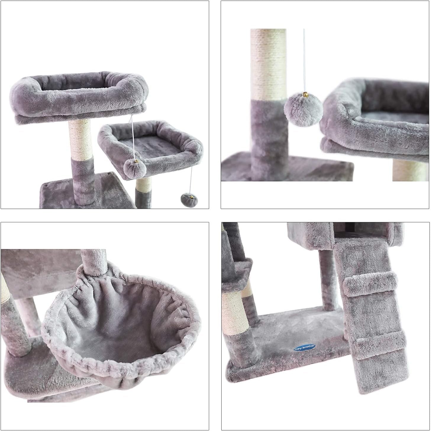 58-Inch Multi-Level Cat Tree with Sisal-Covered Scratching Posts, Two Plush Condos, and Hammock for Cats and Kittens - Light Gray MPJ013W
