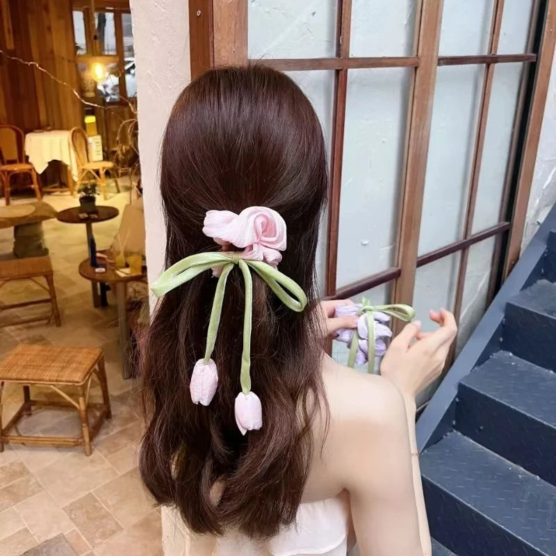 Cuerda para el pelo de tulipán rosa para niña, diadema atada a mano, lazo, borlas de flores, accesorios para el cabello, dulce,
