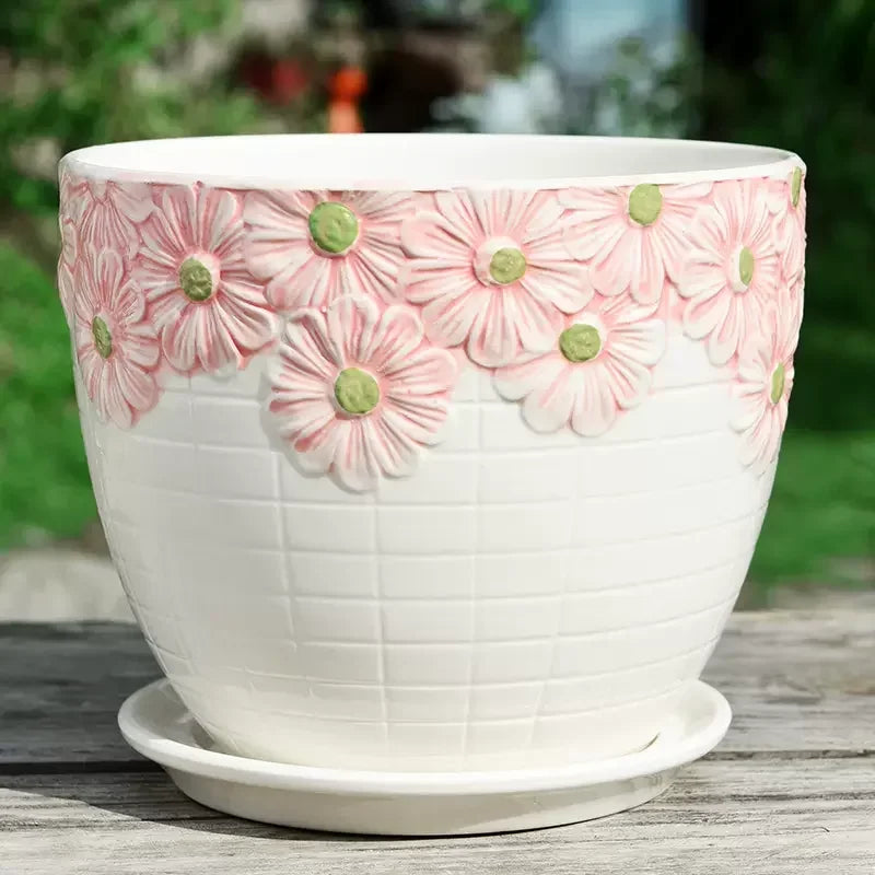 Flower Pot Ceramic Simple with Tray Creative Extra Large Household Beiouyang Terrace Green Plant Bonsai