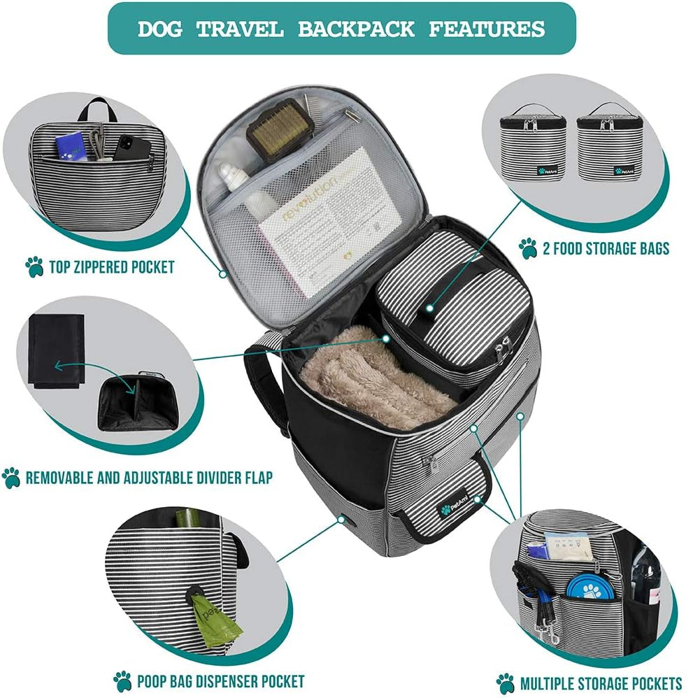 Airline-Approved Dog Travel Backpack with Food Container and Collapsible Bowls - Essential Pet Camping and Hiking Accessories in Black Stripe
