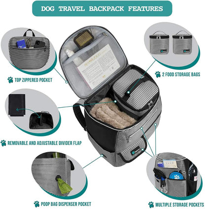 Airline-Approved Dog Travel Backpack with Food Container and Collapsible Bowls - Essential Pet Camping and Hiking Accessories in Black Stripe