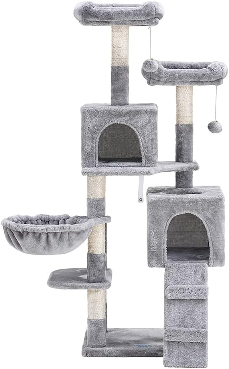 58-Inch Multi-Level Cat Tree with Sisal-Covered Scratching Posts, Two Plush Condos, and Hammock for Cats and Kittens - Light Gray MPJ013W