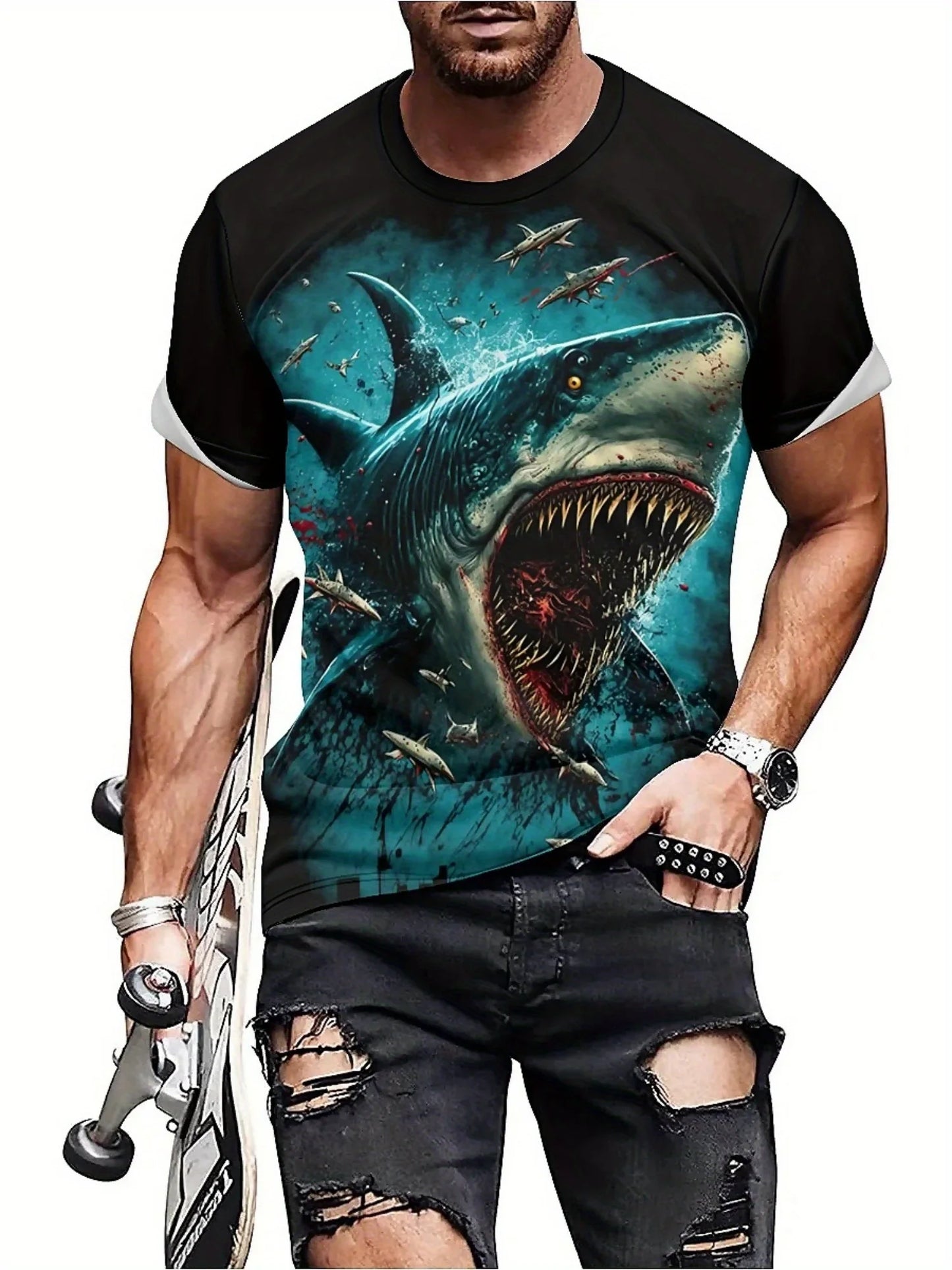 Men's 3D Shark Print T-Shirt - Black Gradient Design with Blood Splatter, Loose Fit, Breathable Fabric, Fun Cartoon Pattern