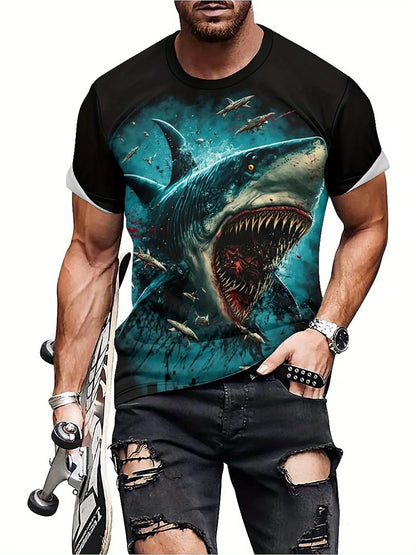 Men's 3D Shark Print T-Shirt - Black Gradient Design with Blood Splatter, Loose Fit, Breathable Fabric, Fun Cartoon Pattern