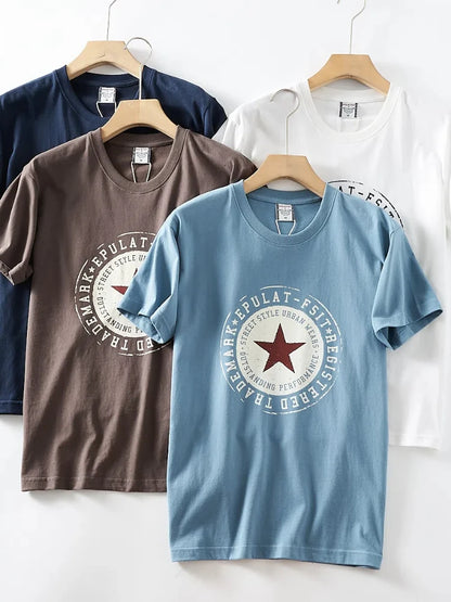 2025 Summer New American Retro Short Sleeve O-neck Pentagram Printed T-shirt Men's Fashion 100% Cotton Washed Casual Youth Tops