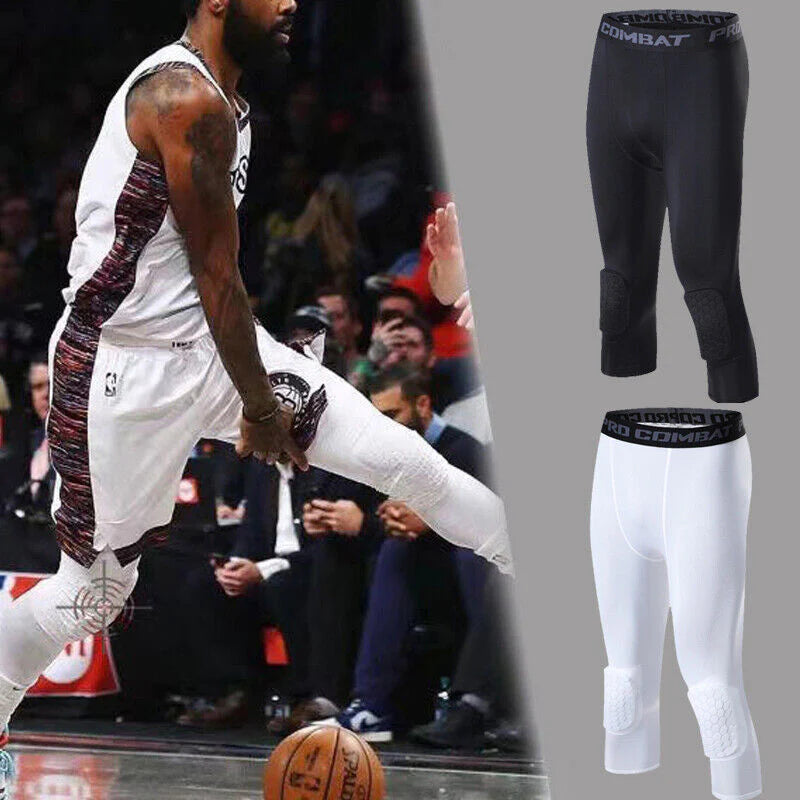 Men'S Basketball Sports Tight Pants 3/4 Compression Workout Leggings Knee Pads