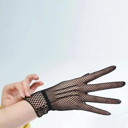 652F Women Girls Summer UV-Proof Mesh Net Gloves Solid Color Full Finger Mittens for Wedding 80s Retro Party