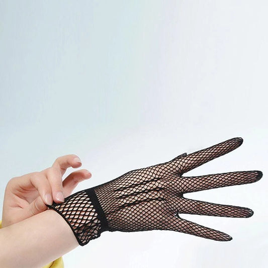 652F Women Girls Summer UV-Proof Mesh Net Gloves Solid Color Full Finger Mittens for Wedding 80s Retro Party