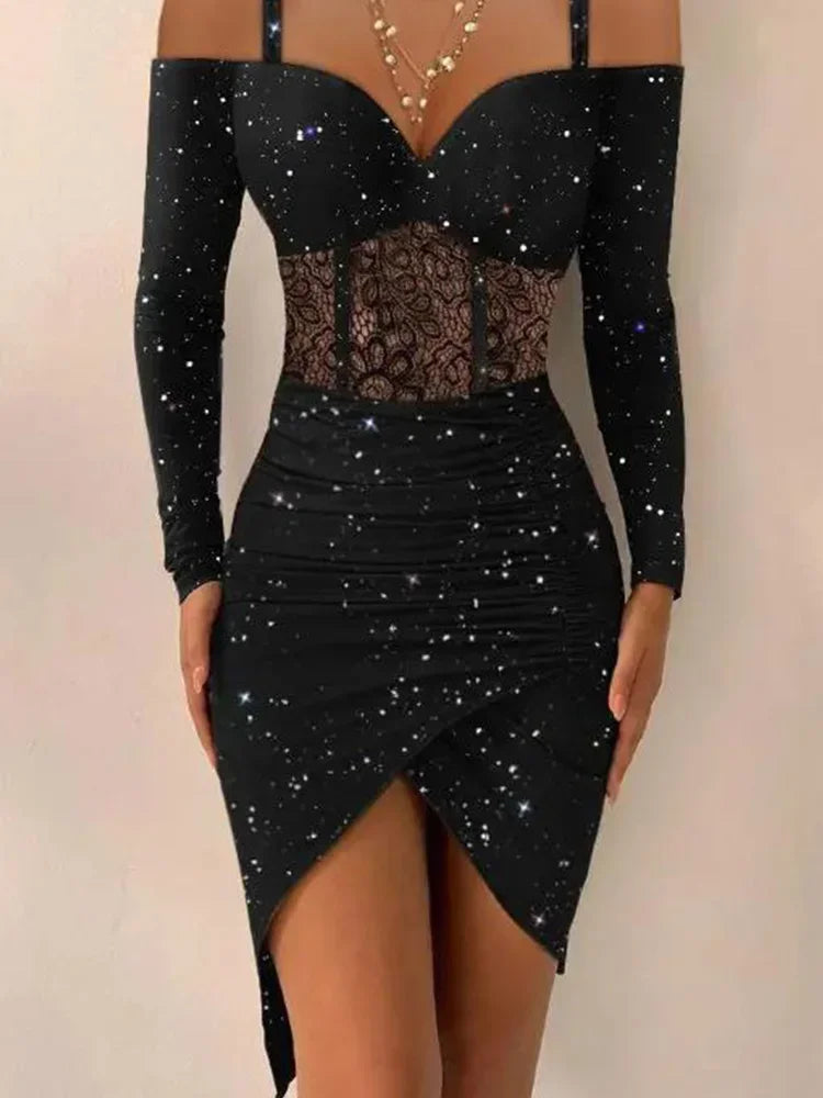 Women Dress Tight Sexy Hip One Shoulder Suspenders Irregular Shiny Dress Female