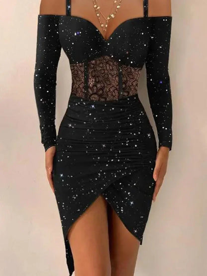 Women Dress Tight Sexy Hip One Shoulder Suspenders Irregular Shiny Dress Female