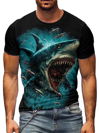 Men's 3D Shark Print T-Shirt - Black Gradient Design with Blood Splatter, Loose Fit, Breathable Fabric, Fun Cartoon Pattern