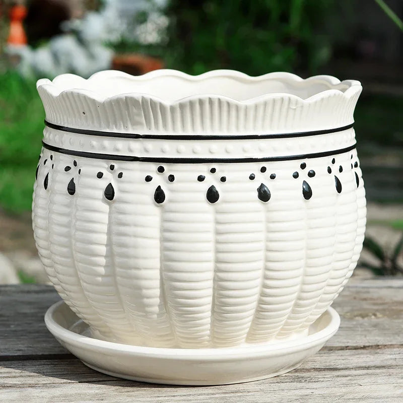 Flower Pot Ceramic Simple with Tray Creative Extra Large Household Beiouyang Terrace Green Plant Bonsai