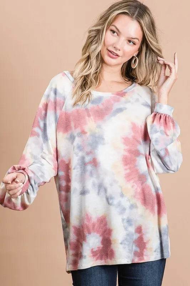 Bibi Tie Dye Print Terry Top with Puff Sleeves