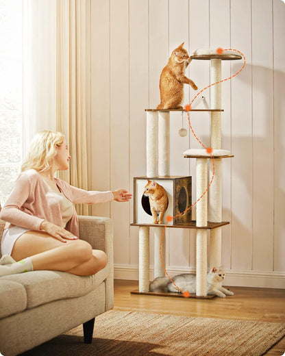 Woodywonders 65-Inch Modern Cat Tower - Multi-Level Indoor Cat Condo with 5 Scratching Posts, Perch, and Washable Removable Cushions in Rustic Brown