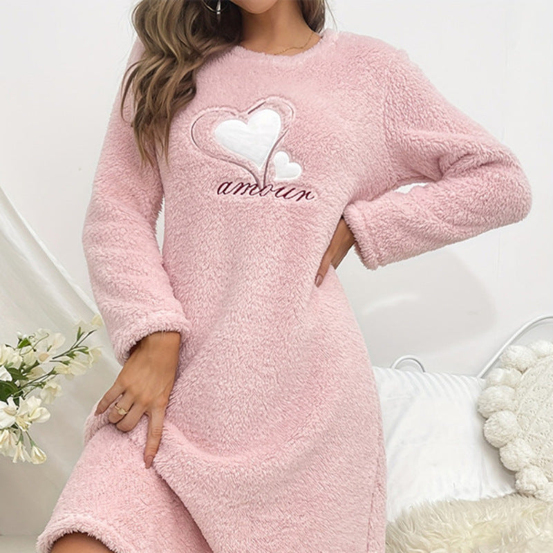 winter pink love flannel long sleeve padded nightgown