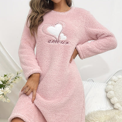 winter pink love flannel long sleeve padded nightgown