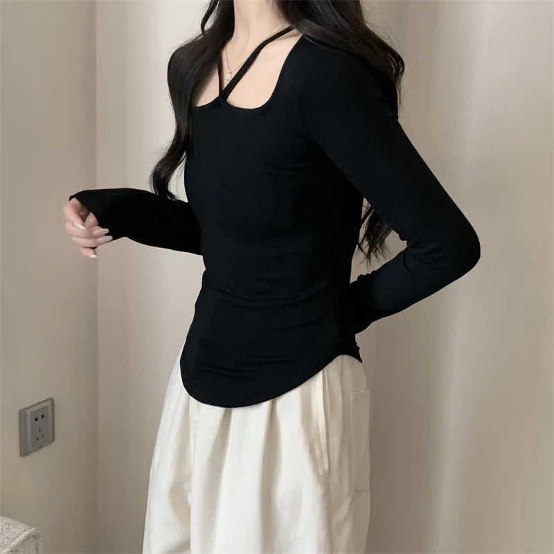 New Winter Sexy Black T-shirt Women Kpop Japanese Y2K Vintage Tee Shirt Woman Autumn Skinny Korean Fashion White Clothes Tops