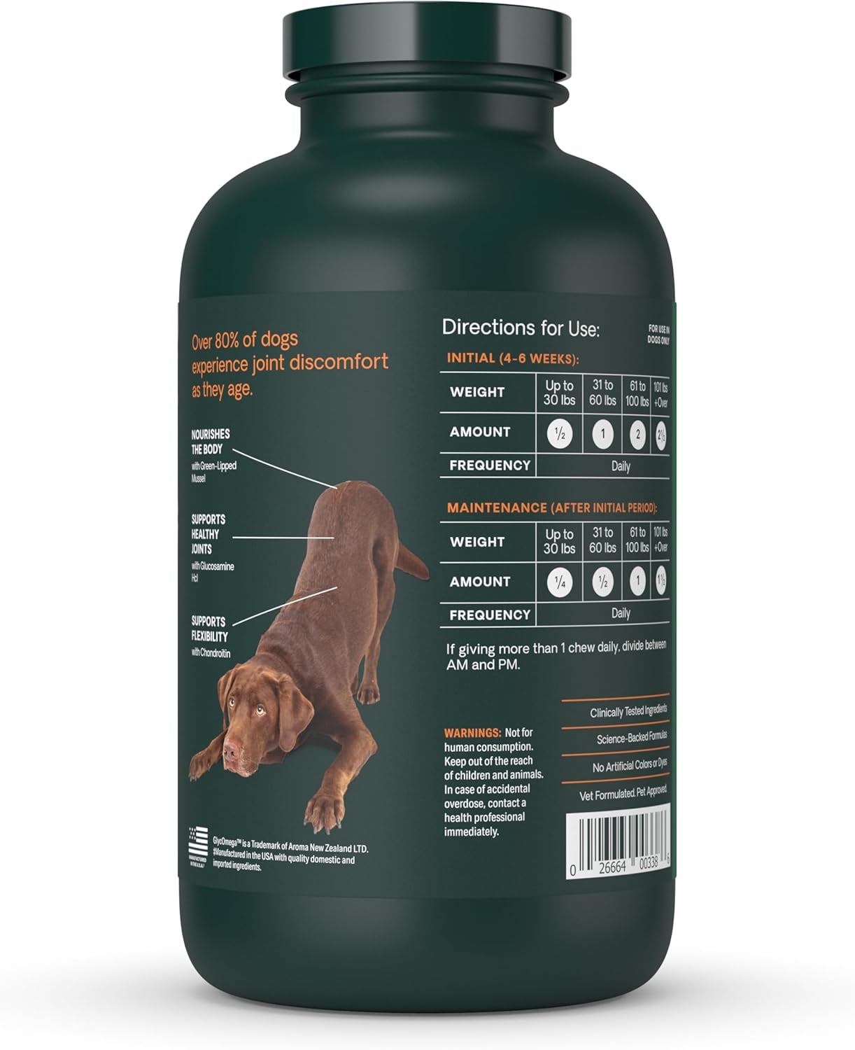 Ultimate Strength Healthy Hip & Joint Chewable Tablets, Glycoflex Glucosamine, Chondroitin and Green-Lipped Mussel Joint Supplement for Dogs, Soothe Joint Discomfort, Chicken, 120 Count