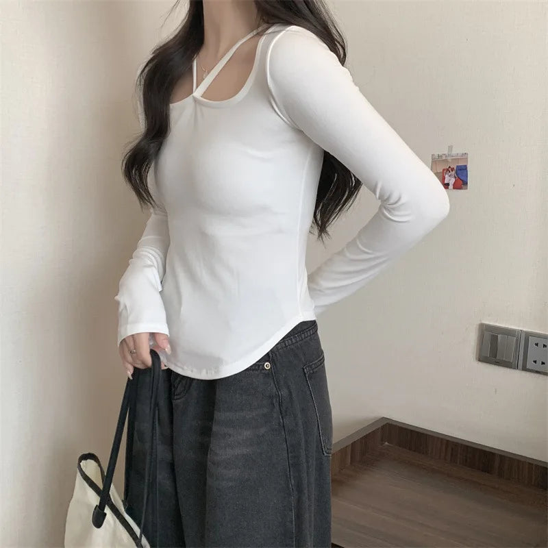 New Winter Sexy Black T-shirt Women Kpop Japanese Y2K Vintage Tee Shirt Woman Autumn Skinny Korean Fashion White Clothes Tops