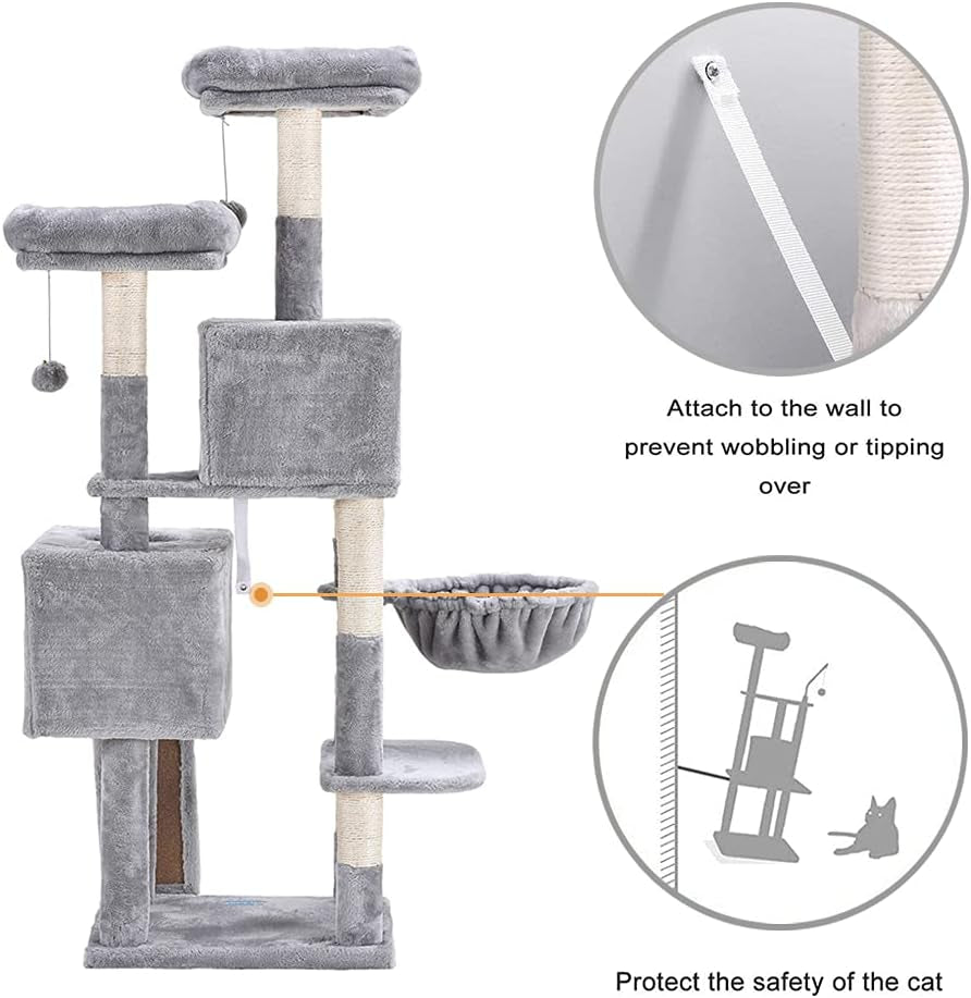 58-Inch Multi-Level Cat Tree with Sisal-Covered Scratching Posts, Two Plush Condos, and Hammock for Cats and Kittens - Light Gray MPJ013W