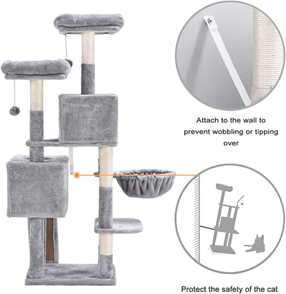 58-Inch Multi-Level Cat Tree with Sisal-Covered Scratching Posts, Two Plush Condos, and Hammock for Cats and Kittens - Light Gray MPJ013W