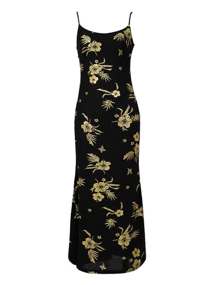 Noble Fashion Black Gold Print Elegant Luxury Evening Dress Women Sexy Sling Long Robe Party Club Prom Vestidos Vacation Clothes