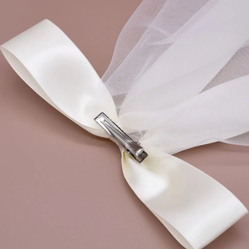 Wedding Accessories Short Simple White  Hair Veil With Clips Handmade Hairwear Engagement Bow knot Bridal Veil Headdress