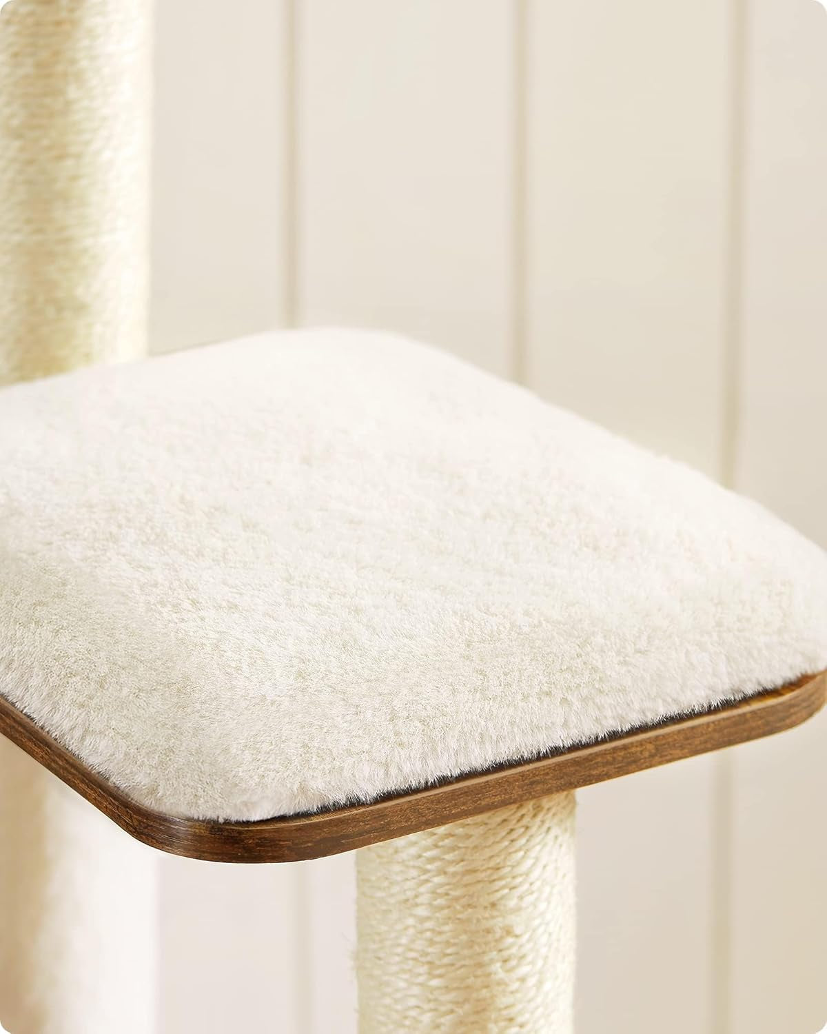 Woodywonders 65-Inch Modern Cat Tower - Multi-Level Indoor Cat Condo with 5 Scratching Posts, Perch, and Washable Removable Cushions in Rustic Brown